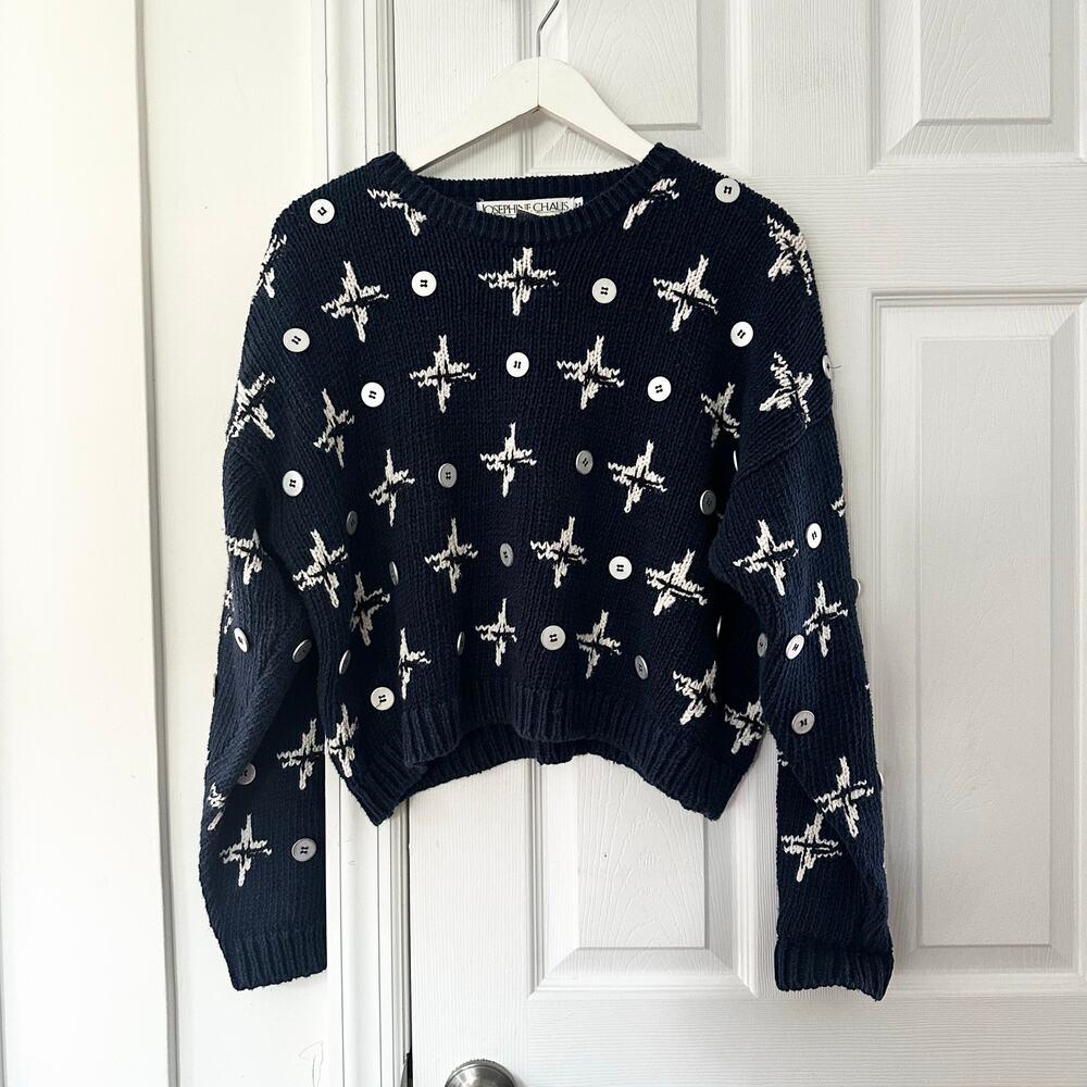 Josephine Chaus Vintage Navy Blue Starburst Button Handknit Sweater Korea Medium